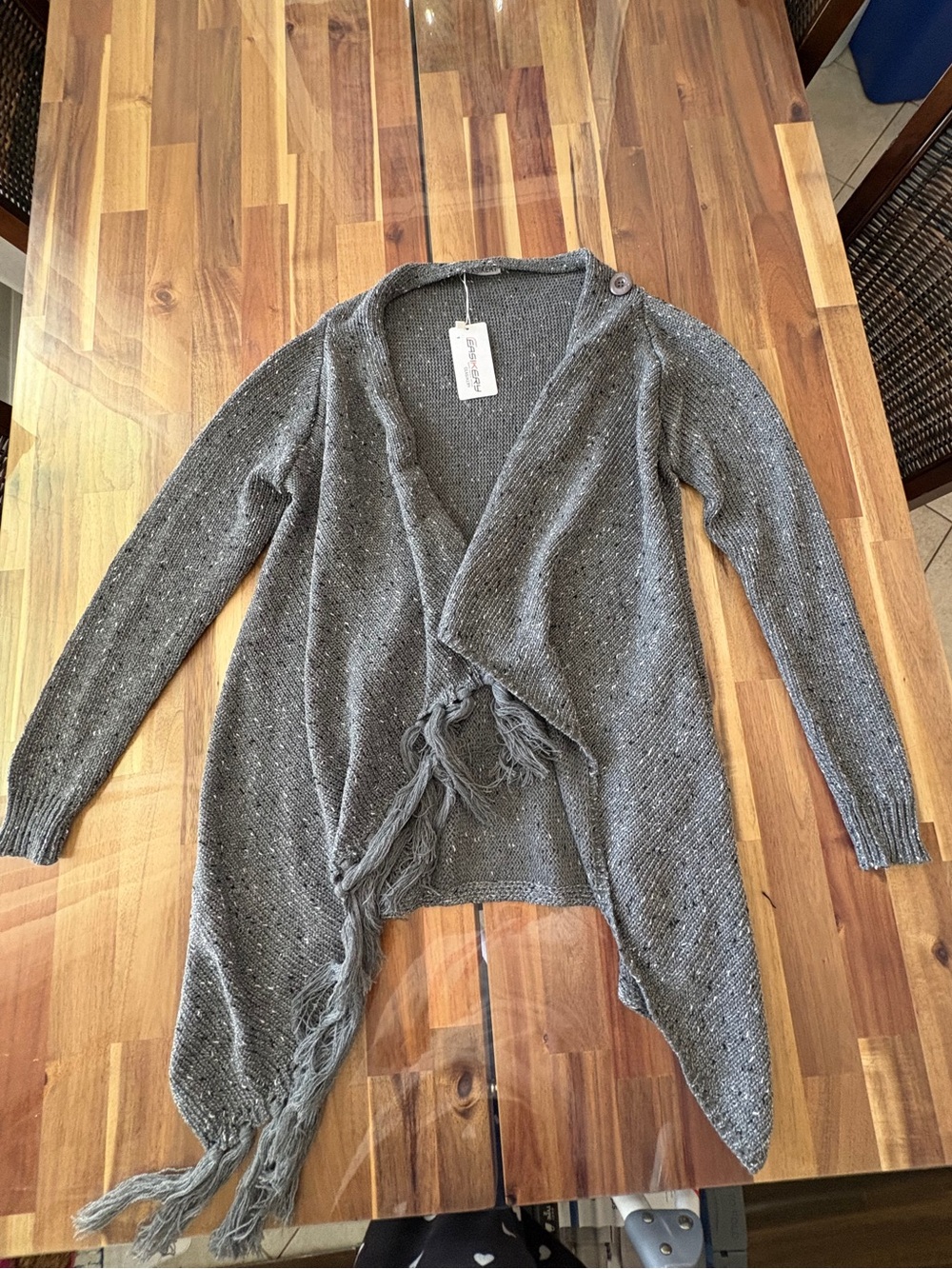 NWT Gray White Speckle Fringe Open Front Knit Long Sleeve Cardigan Ribbed Cuffs